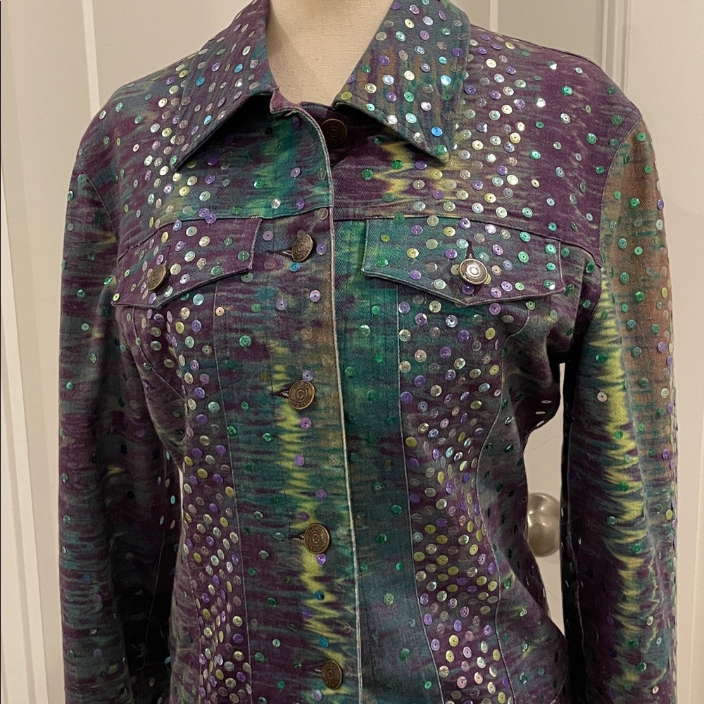 Oleg Cassini Sequin Purple and Green Jean Jacket - Picture 2 of 3